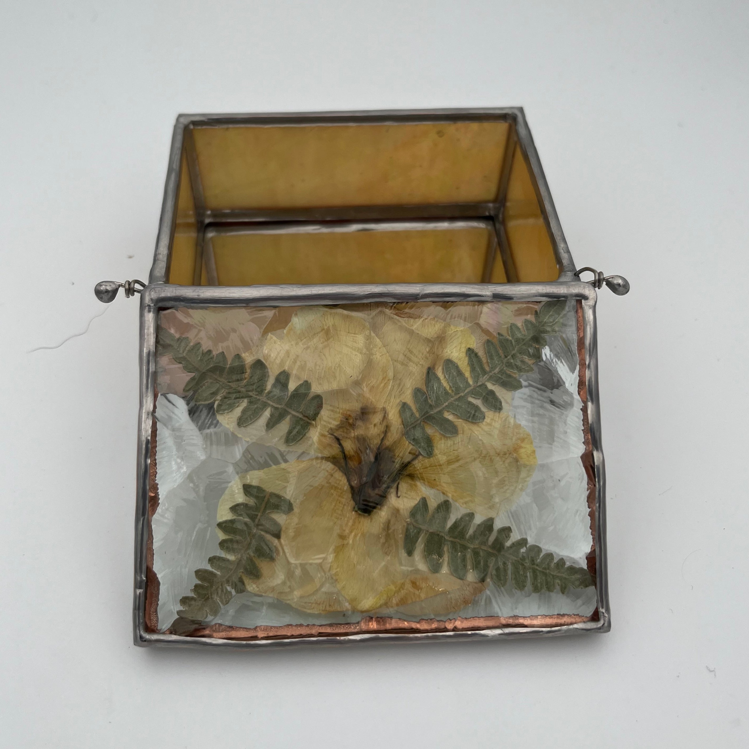 Iridescent Yellow Stained Glass Pressed Flower Jewelry Box