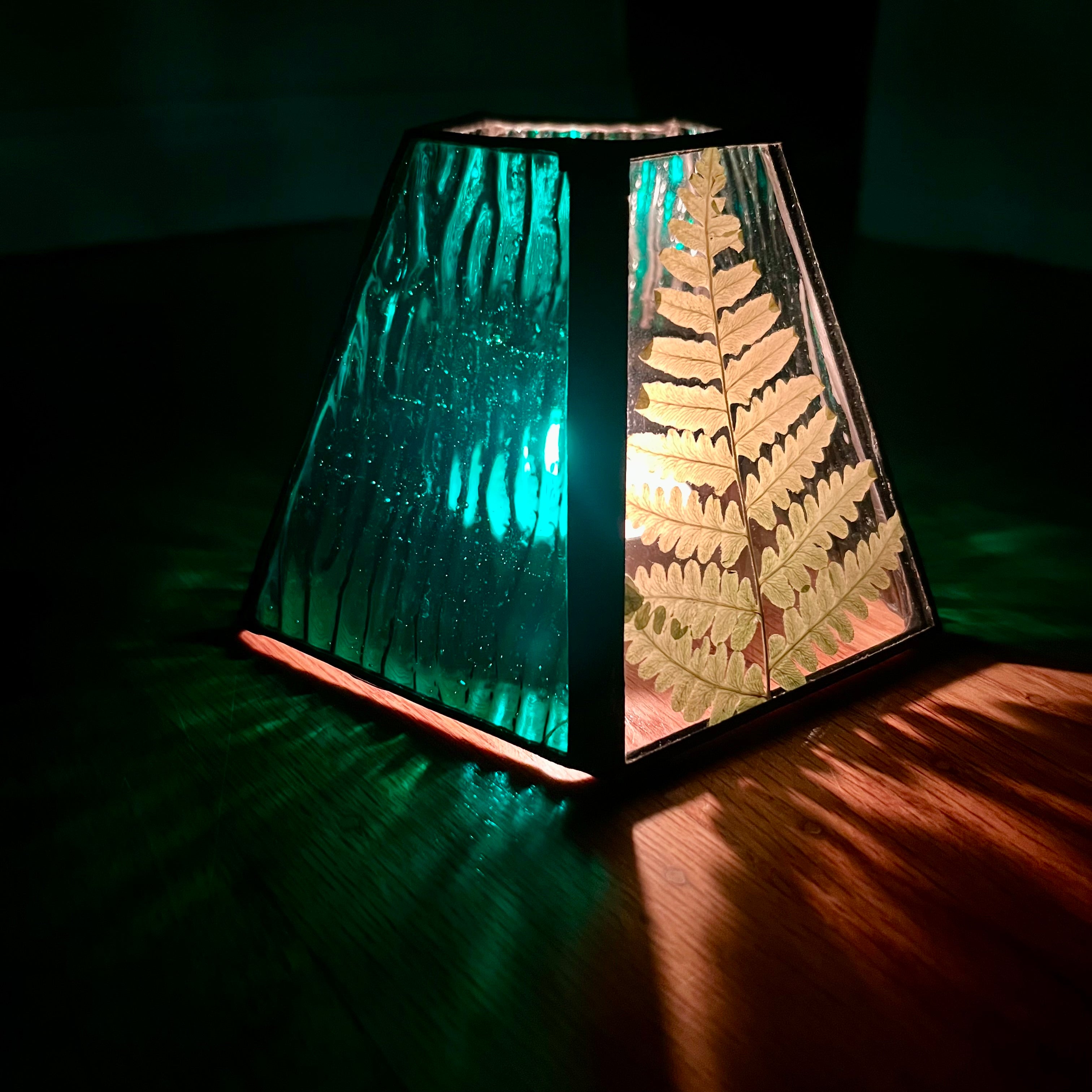 Amy Fern Iridescent Green Stained Glass Candle Lamp
