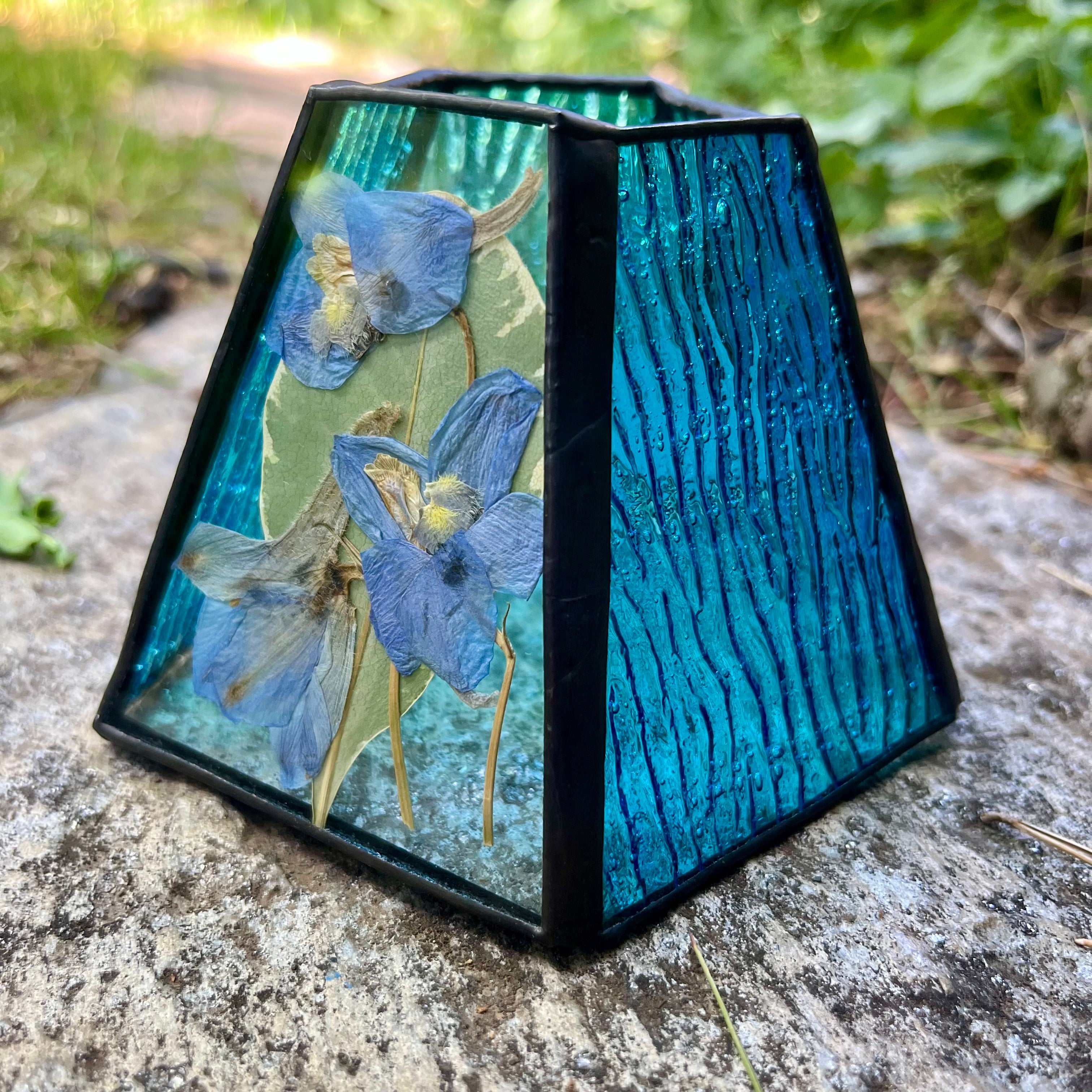 Gladys Turquoise Larkspur Stained Glass Candle Lamp